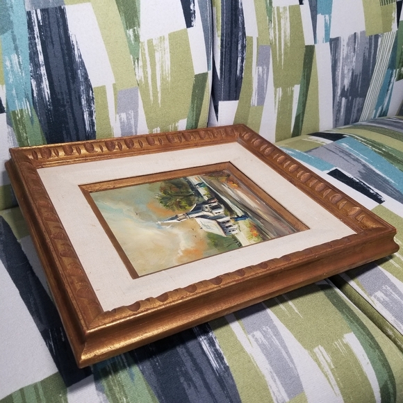 Original Oil Painting On Canvas Church Scene 1966 Signed Handcrafted Frame Vtg - Picture 6 of 16